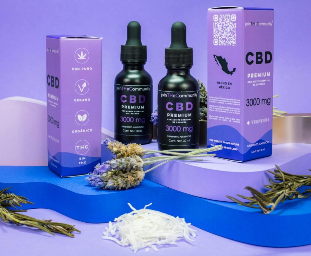 Lavender CBD oil bottles against a vibrant purple backdrop showcasing product packaging and herbs.